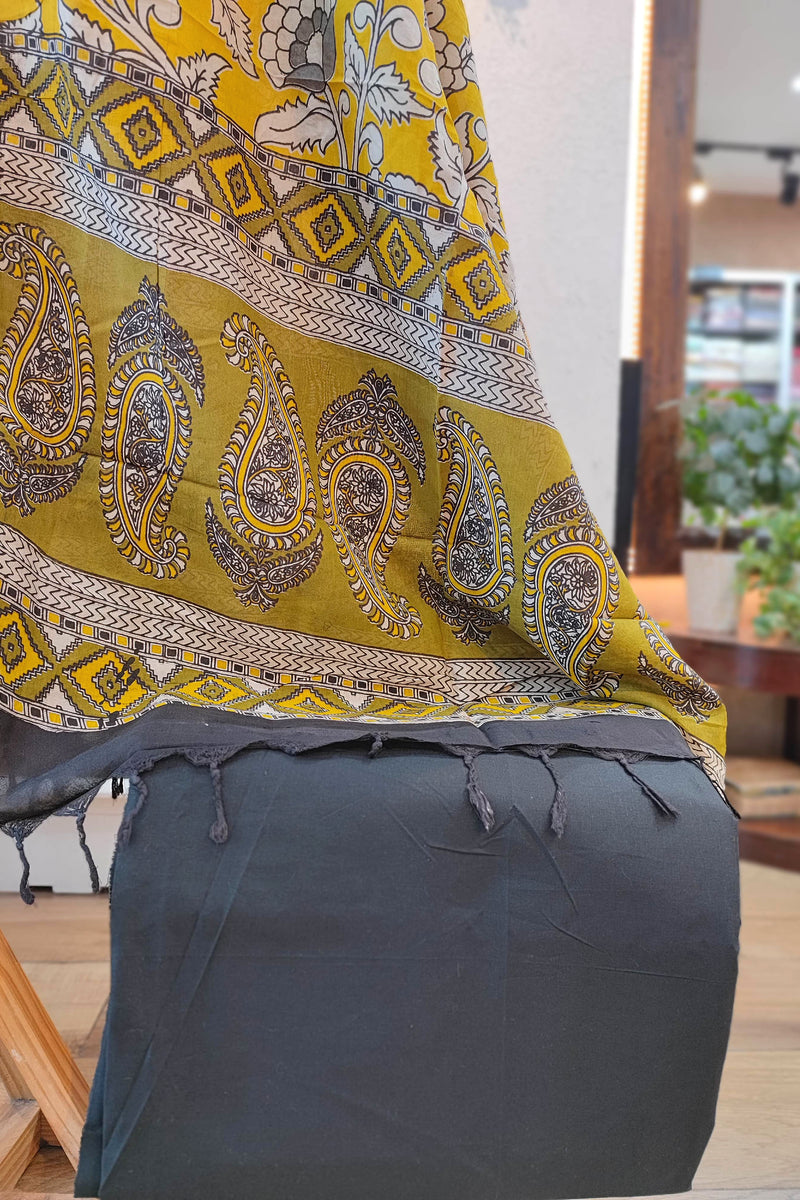 Black Pure Cotton Handloom Suit Material with Cotton Bottom and Mustard Kalamkari Print Cotton Silk Dupatta