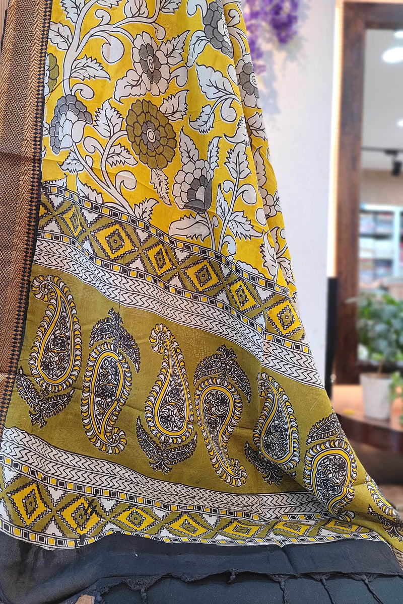Black Pure Cotton Handloom Suit Material with Cotton Bottom and Mustard Kalamkari Print Cotton Silk Dupatta