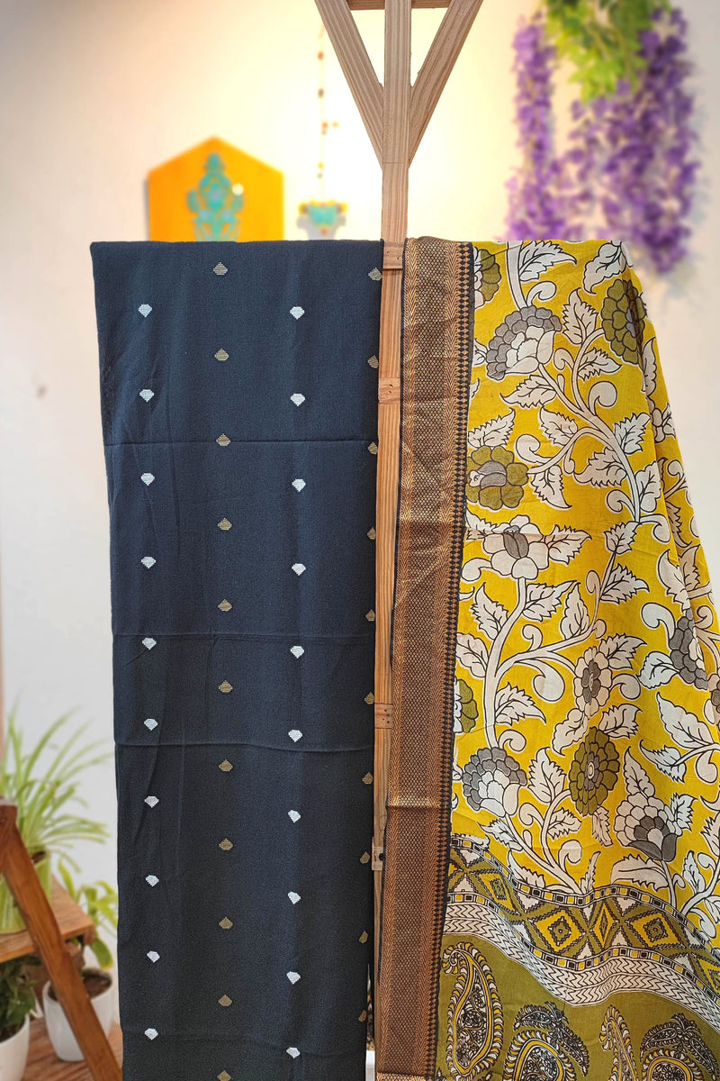 Black Pure Cotton Handloom Suit Material with Cotton Bottom and Mustard Kalamkari Print Cotton Silk Dupatta