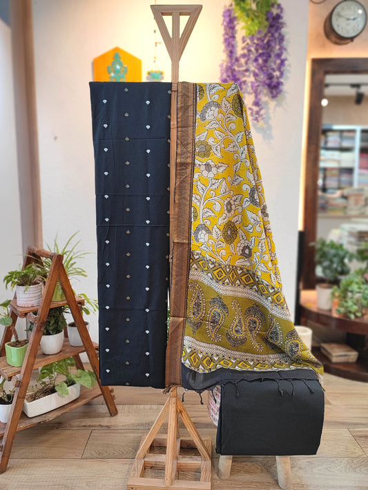 Black Pure Cotton Handloom Suit Material with Cotton Bottom and Mustard Kalamkari Print Cotton Silk Dupatta