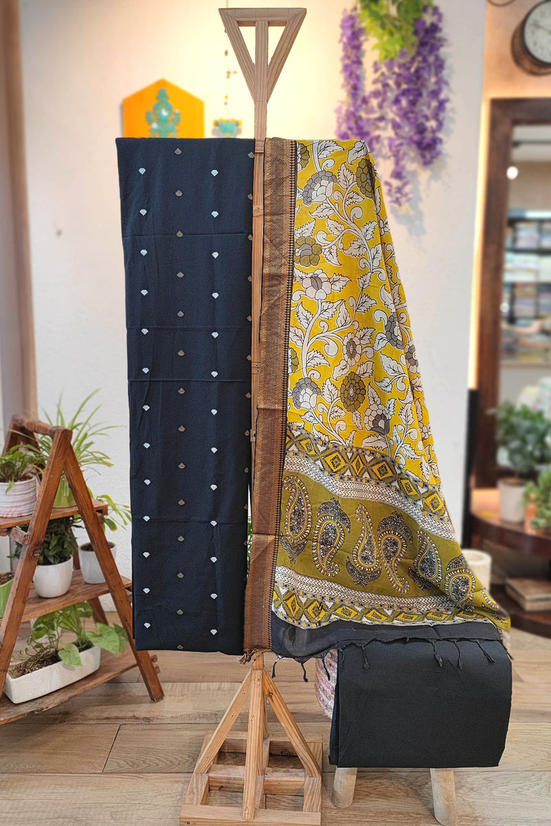 Black Pure Cotton Handloom Suit Material with Cotton Bottom and Mustard Kalamkari Print Cotton Silk Dupatta