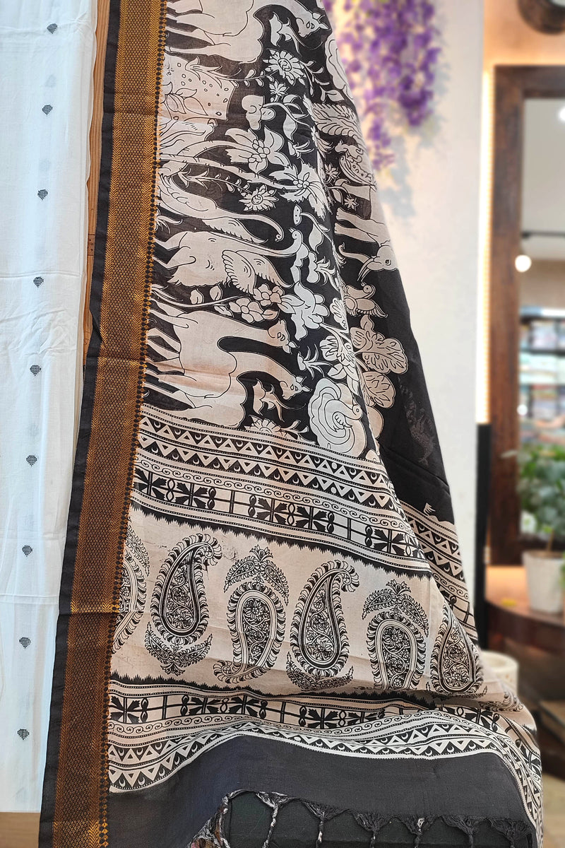 White Pure Cotton Handloom Suit Material with Cotton Bottom and Black Kalamkari Print Cotton Silk Dupatta – Elephant Motif