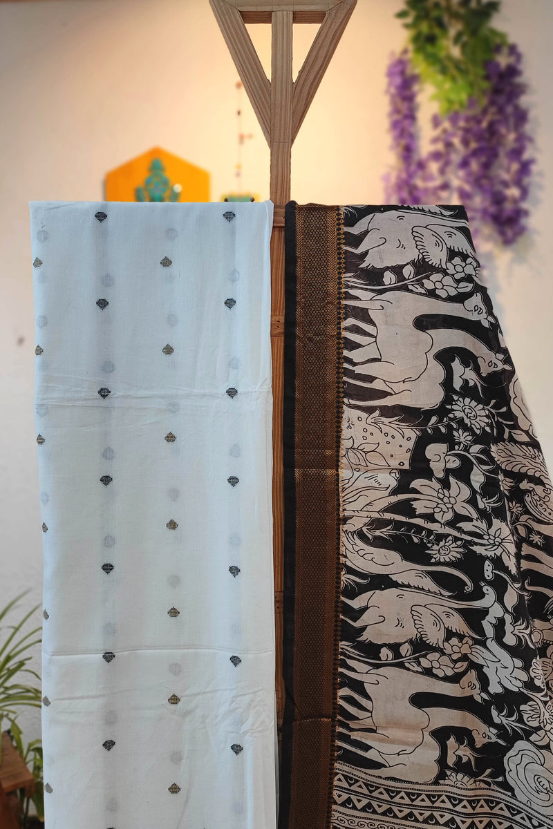White Pure Cotton Handloom Suit Material with Cotton Bottom and Black Kalamkari Print Cotton Silk Dupatta – Elephant Motif