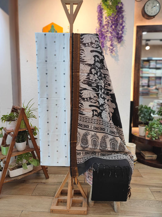 White Pure Cotton Handloom Suit Material with Cotton Bottom and Black Kalamkari Print Cotton Silk Dupatta – Elephant Motif