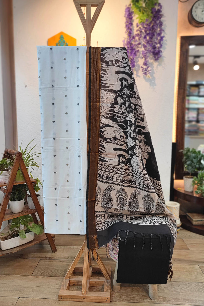 White Pure Cotton Handloom Suit Material with Cotton Bottom and Black Kalamkari Print Cotton Silk Dupatta – Elephant Motif