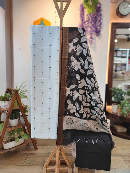 White Handloom Cotton Suit Material with Black Kalamkari Cotton Silk Dupatta