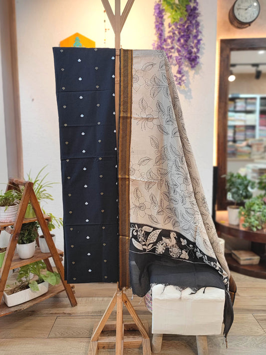 Black Pure Cotton Handloom Suit Material with Cotton Bottom and Kalamkari Print Cotton Silk Dupatta – Beige (