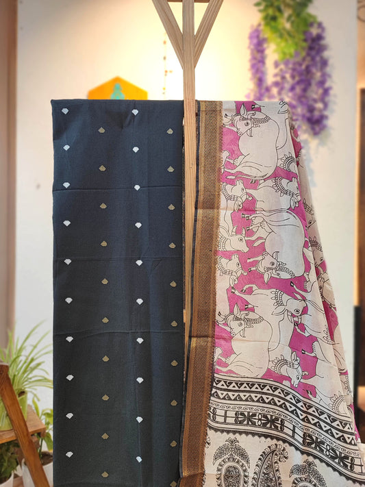 Charcoal Black Pure Cotton Handloom Suit Material with Cotton Bottom and Kalamkari Print Cotton Silk Dupatta – Pink