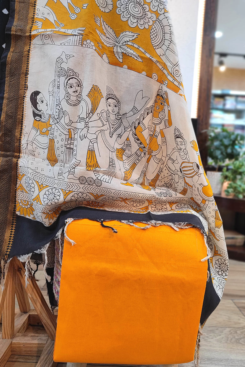 Black Handloom Cotton Suit Material with Mustard Kalamkari Cotton Silk Dupatta