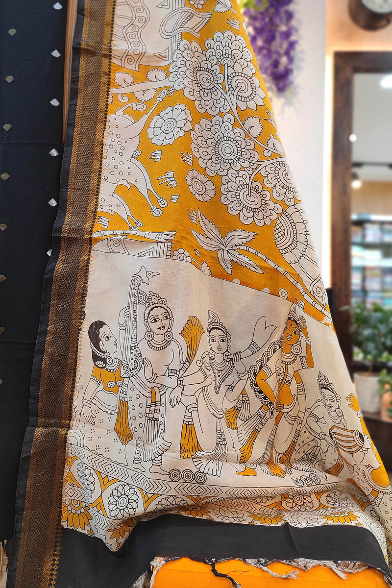 Black Handloom Cotton Suit Material with Mustard Kalamkari Cotton Silk Dupatta