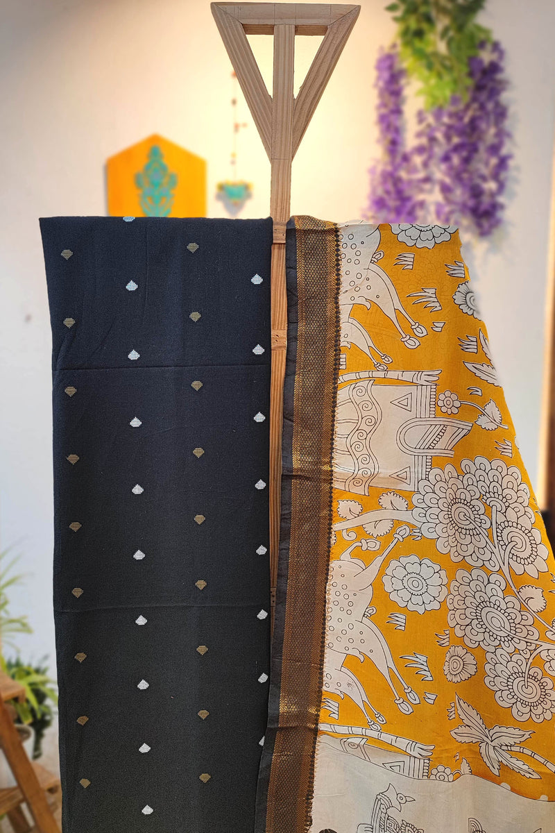 Black Handloom Cotton Suit Material with Mustard Kalamkari Cotton Silk Dupatta