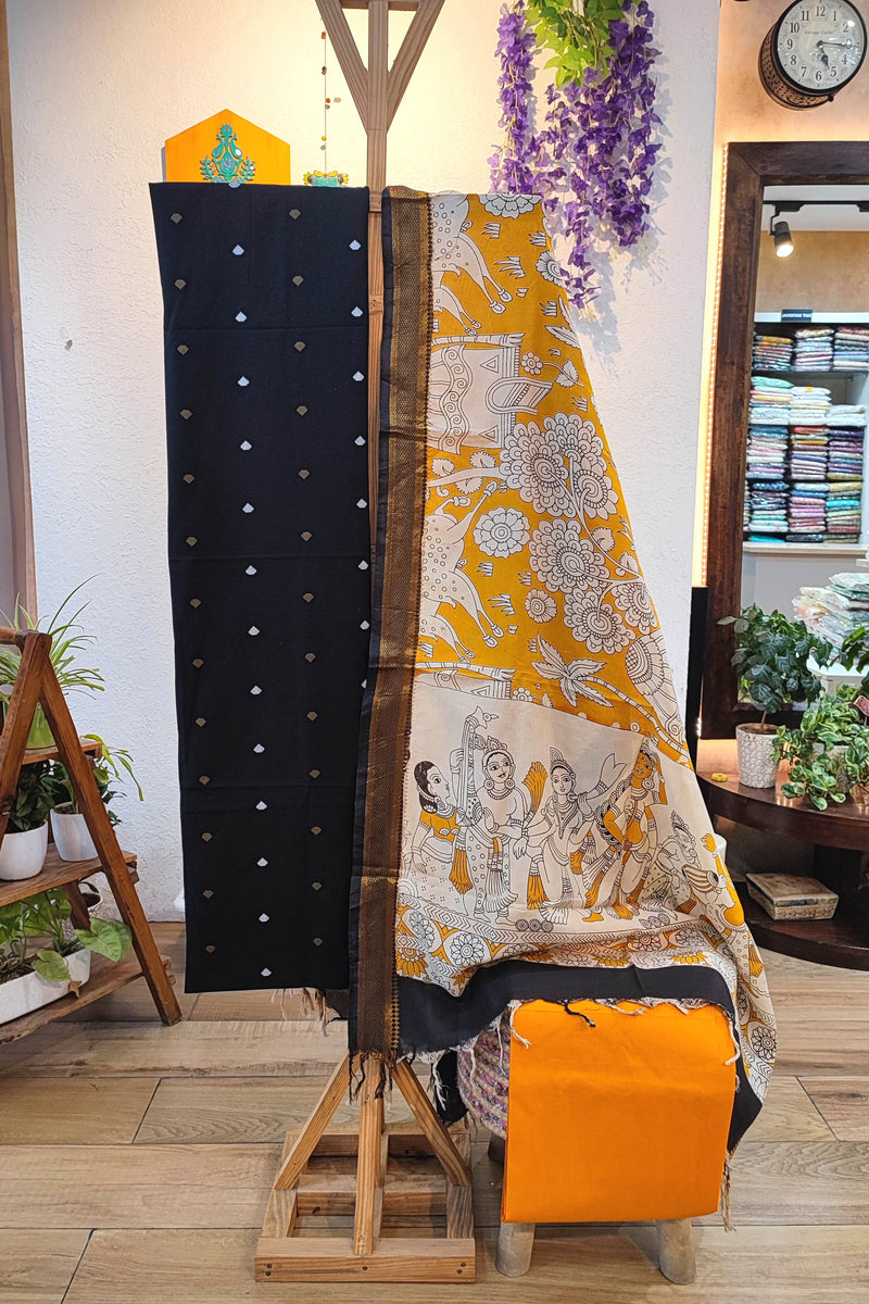 Black Handloom Cotton Suit Material with Mustard Kalamkari Cotton Silk Dupatta