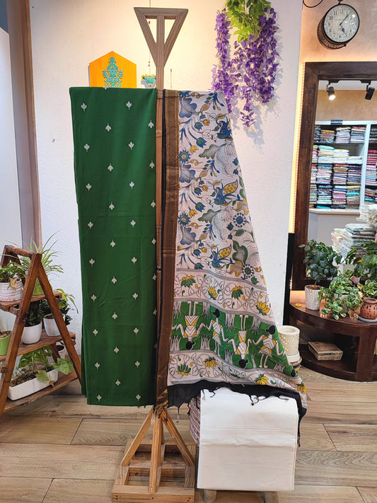 Bottle Green Pure Cotton Handloom Suit Material with Cotton Bottom and Kalamkari Print Cotton Silk Dupatta