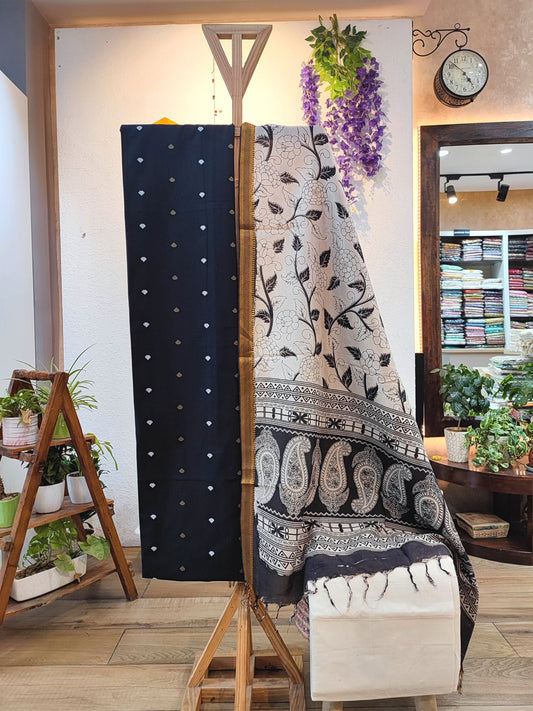 Classic Black Pure Cotton Handloom Suit Material with Cotton Bottom and Kalamkari Print Cotton Silk Dupatta