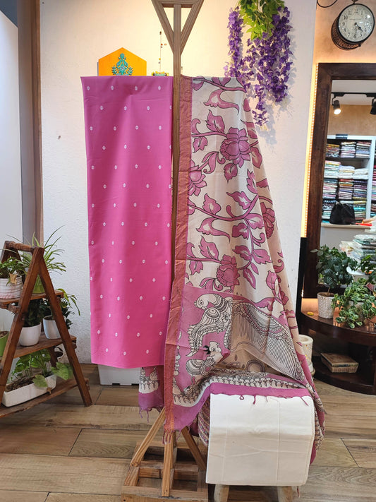 Rose Pink Pure Cotton Handloom Suit Material with Cotton Bottom and Kalamkari Print Cotton Silk Dupatta