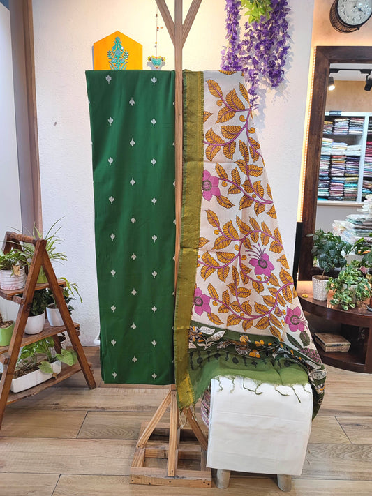 Emerald Green Pure Cotton Handloom Suit Material with Cotton Bottom and Kalamkari Print Cotton Silk Dupatta