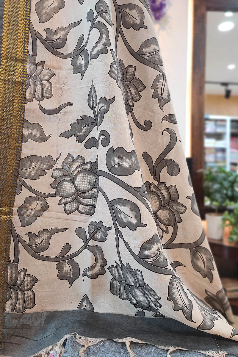 Midnight Black Pure Cotton Handloom Suit Material with Cotton Bottom and Kalamkari Print Cotton Silk Dupatta