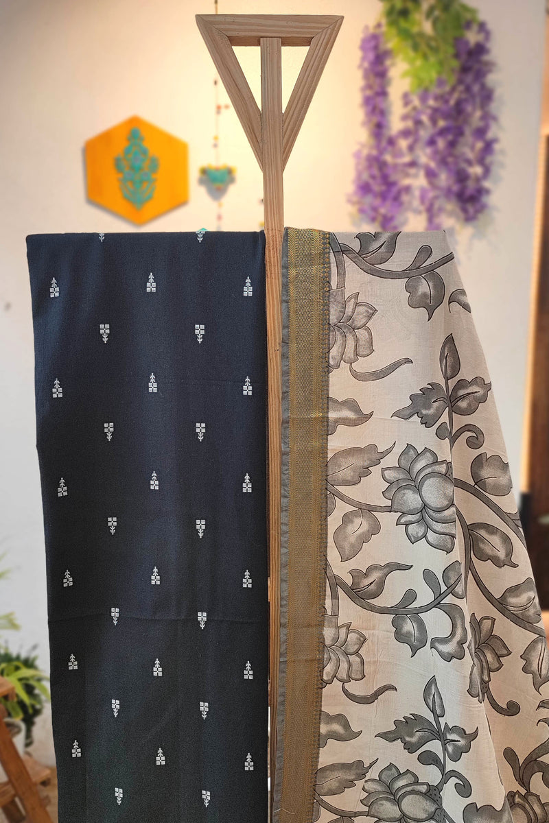 Midnight Black Pure Cotton Handloom Suit Material with Cotton Bottom and Kalamkari Print Cotton Silk Dupatta