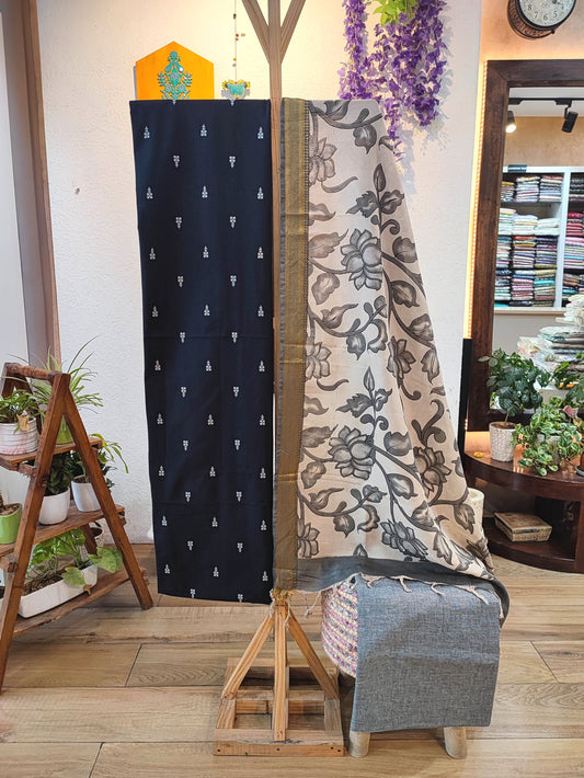 Midnight Black Pure Cotton Handloom Suit Material with Cotton Bottom and Kalamkari Print Cotton Silk Dupatta