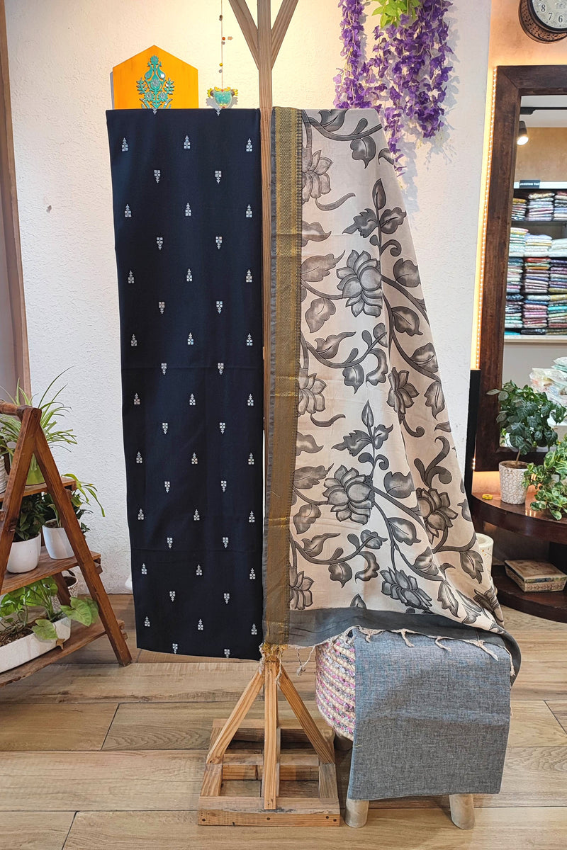 Midnight Black Pure Cotton Handloom Suit Material with Cotton Bottom and Kalamkari Print Cotton Silk Dupatta
