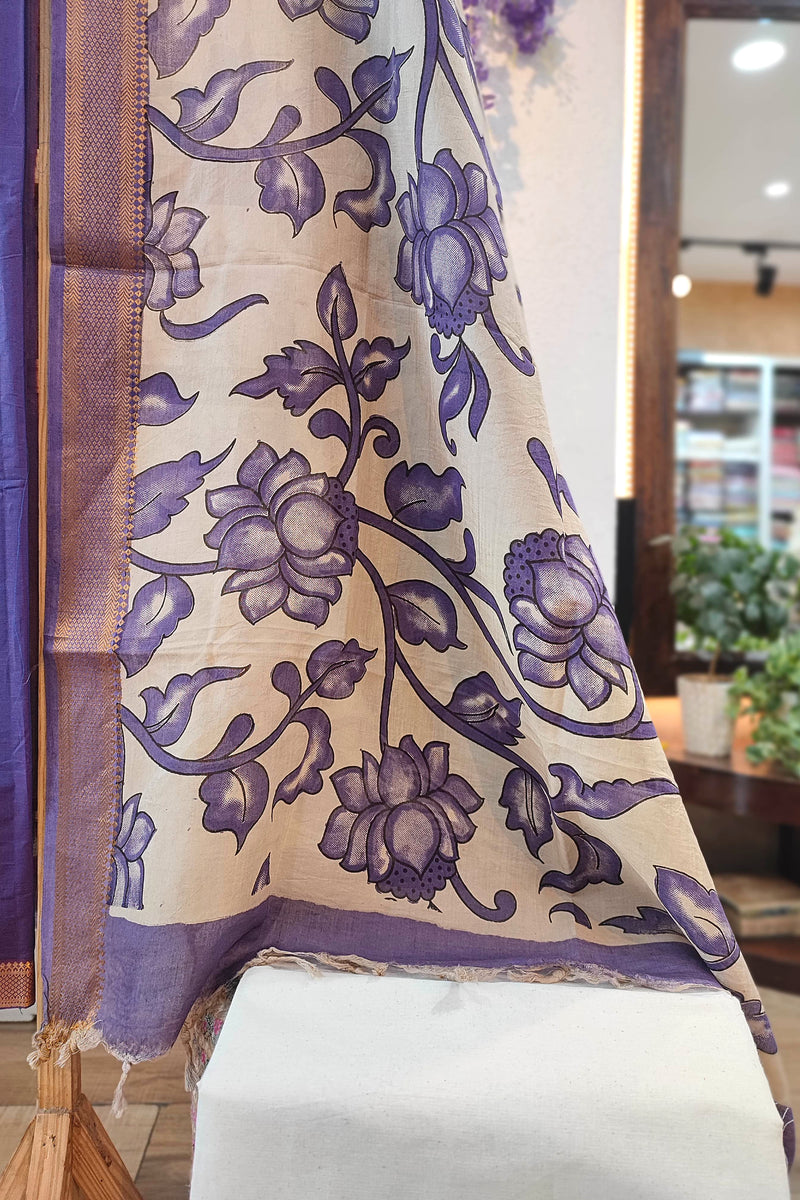 Royal Purple Pure Cotton Handloom Suit Material with Cotton Bottom and Kalamkari Print Cotton Silk Dupatta