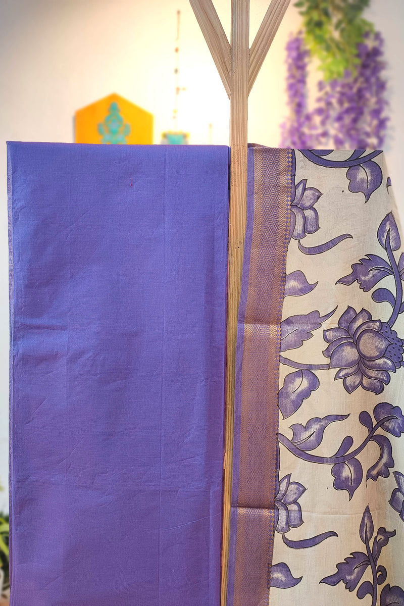 Royal Purple Pure Cotton Handloom Suit Material with Cotton Bottom and Kalamkari Print Cotton Silk Dupatta
