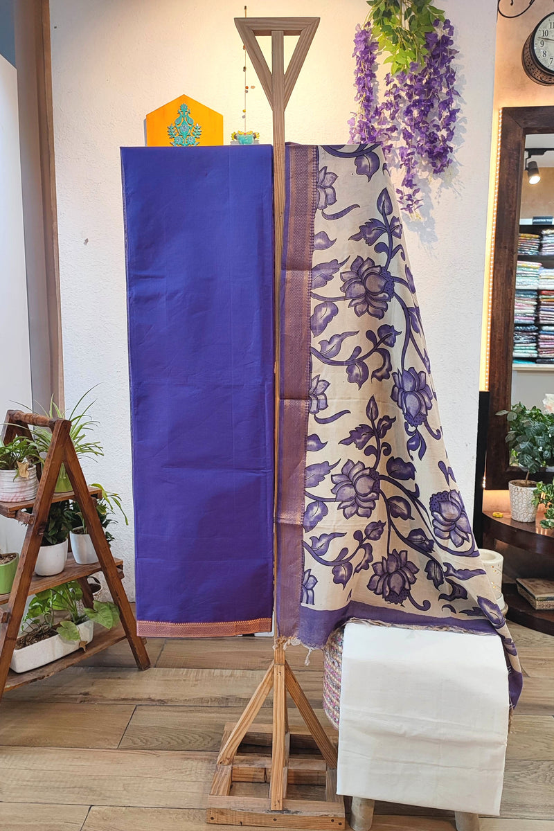 Royal Purple Pure Cotton Handloom Suit Material with Cotton Bottom and Kalamkari Print Cotton Silk Dupatta