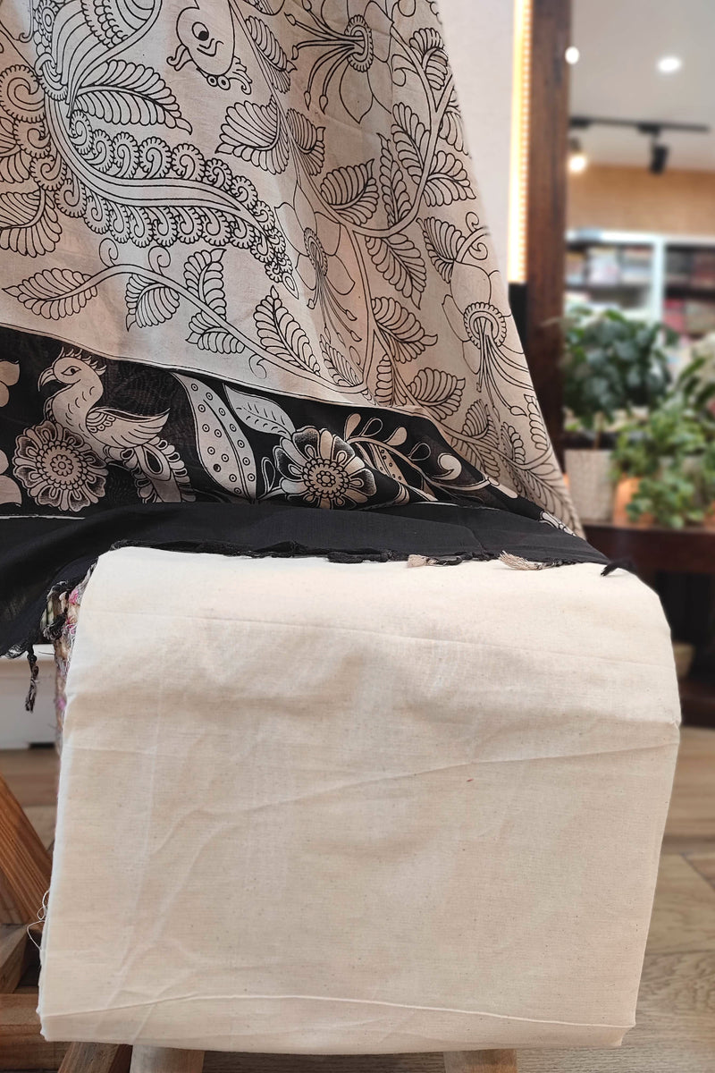 Black Pure Cotton Handloom Suit Material with Cotton Bottom and Kalamkari Print Cotton Silk Dupatta