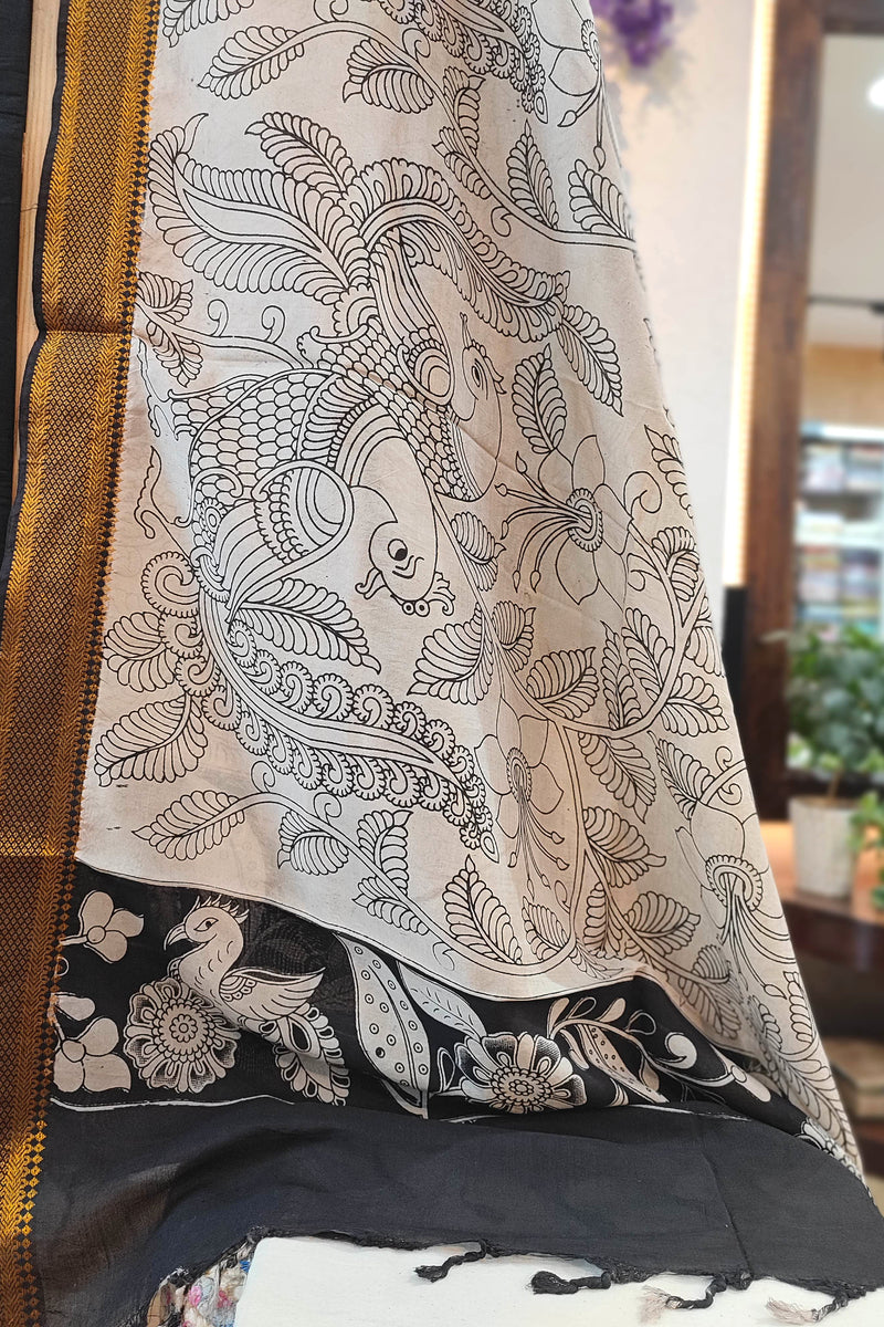 Black Pure Cotton Handloom Suit Material with Cotton Bottom and Kalamkari Print Cotton Silk Dupatta