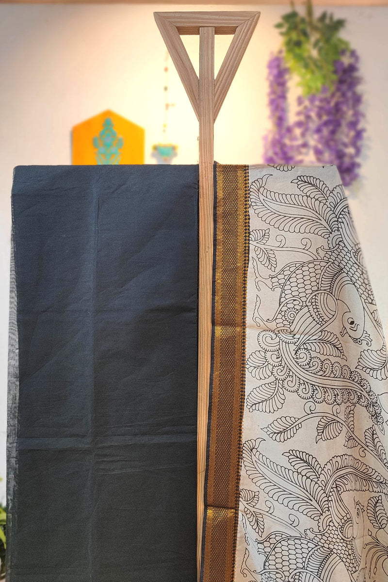 Black Pure Cotton Handloom Suit Material with Cotton Bottom and Kalamkari Print Cotton Silk Dupatta