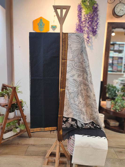 Black Pure Cotton Handloom Suit Material with Cotton Bottom and Kalamkari Print Cotton Silk Dupatta