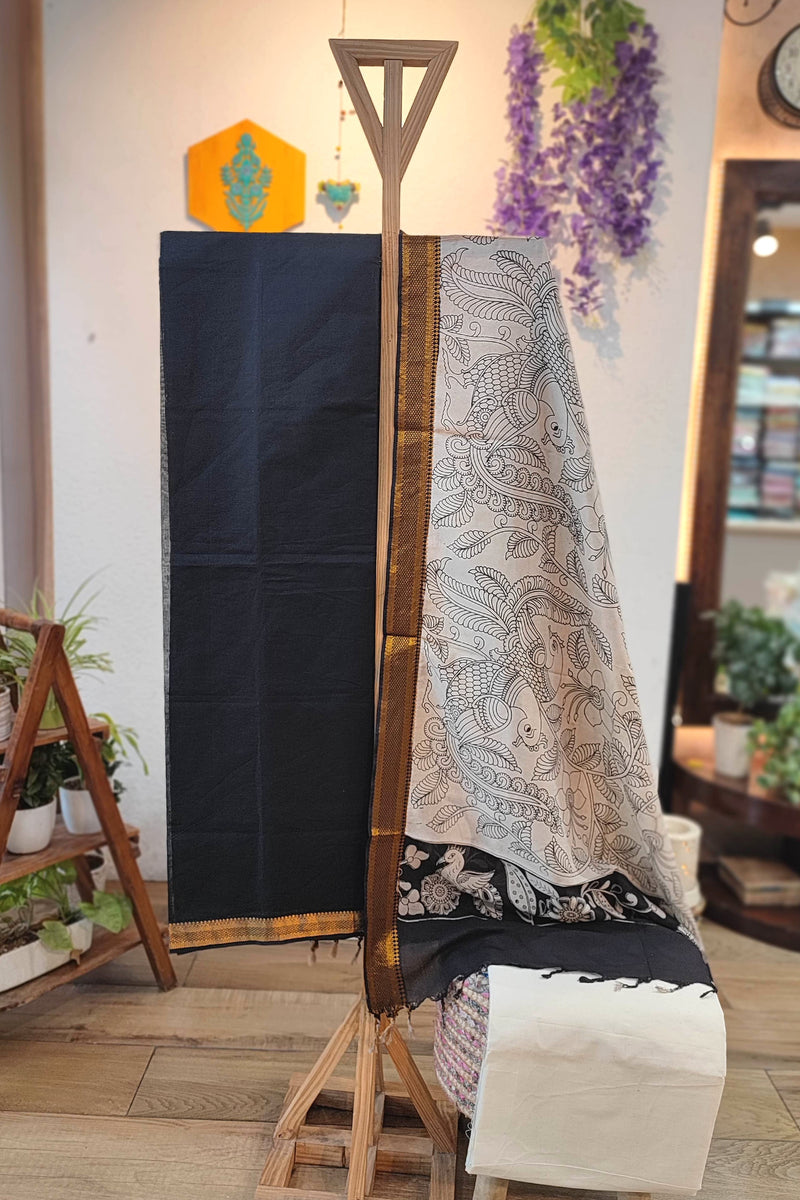 Black Pure Cotton Handloom Suit Material with Cotton Bottom and Kalamkari Print Cotton Silk Dupatta