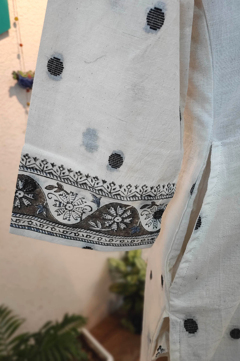 White Black Handloom Cotton Kurta Pant Dupatta Set with Printed Dupatta