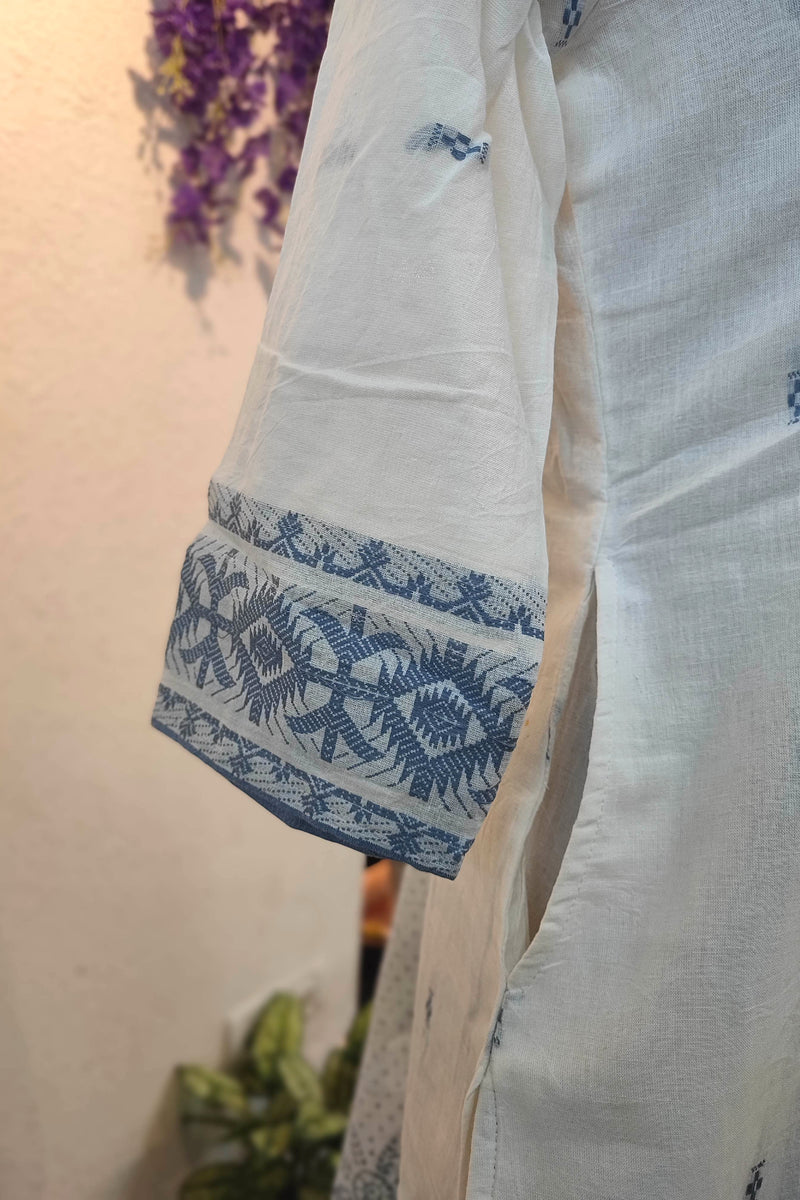 White & Blue Handloom Cotton Kurta Pant Dupatta Set