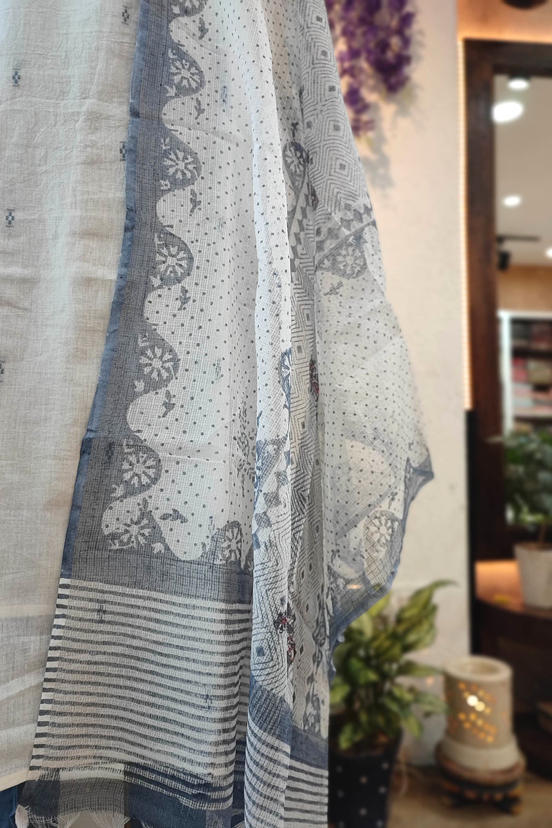 White & Blue Handloom Cotton Kurta Pant Dupatta Set
