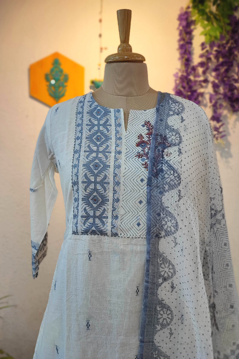 White & Blue Handloom Cotton Kurta Pant Dupatta Set