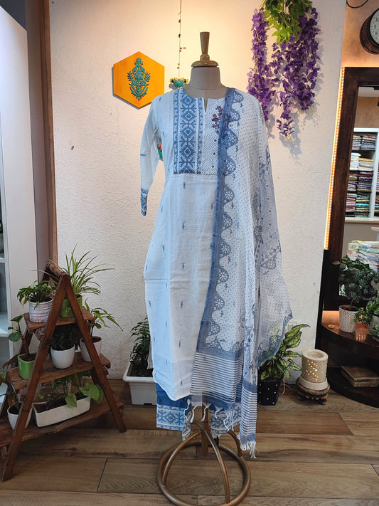 White & Blue Handloom Cotton Kurta Pant Dupatta Set