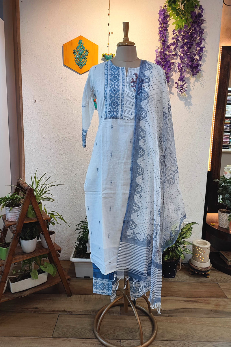 White & Blue Handloom Cotton Kurta Pant Dupatta Set