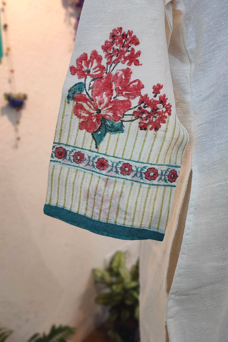 Off White Handloom Cotton Kurta Pant Dupatta Set with Teal Border Dupatta