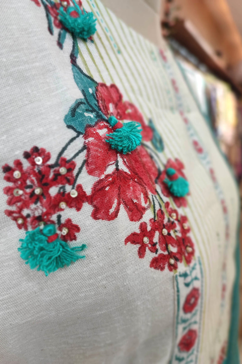 Off White Handloom Cotton Kurta Pant Dupatta Set with Teal Border Dupatta