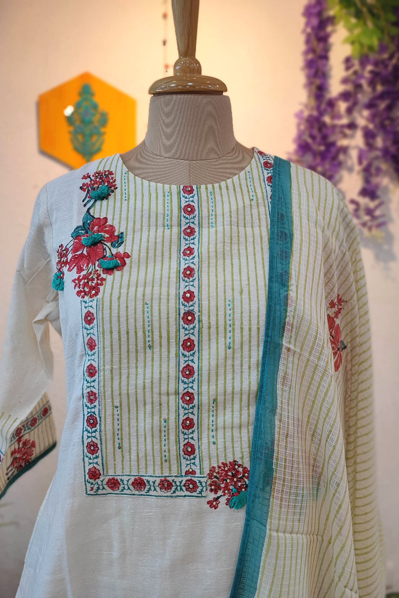 Off White Handloom Cotton Kurta Pant Dupatta Set with Teal Border Dupatta