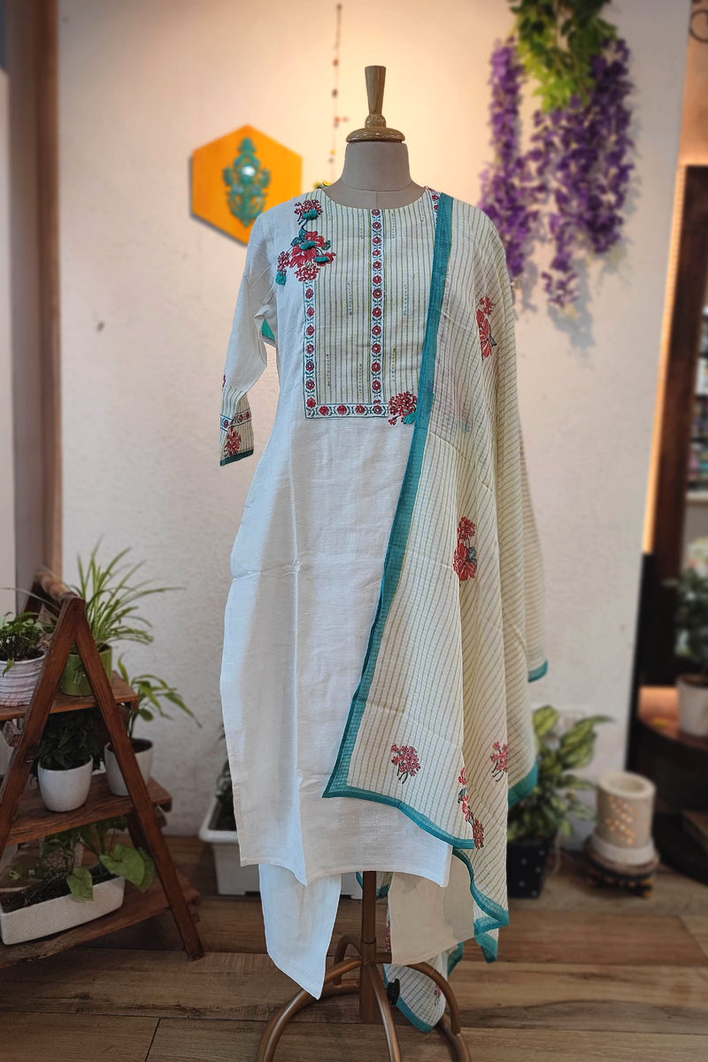 Off White Handloom Cotton Kurta Pant Dupatta Set with Teal Border Dupatta