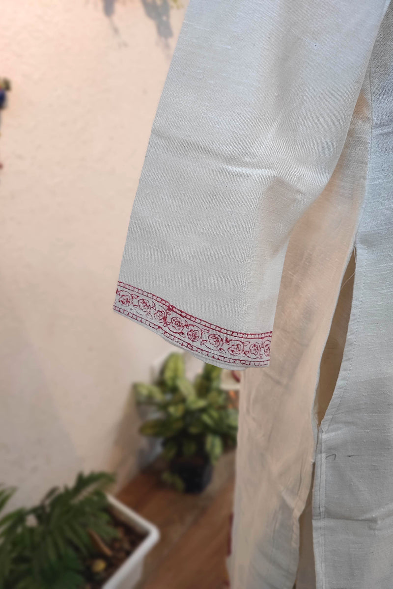 Off White Handloom Cotton Kurta Pant Dupatta Set with Mustard Striped Dupatta