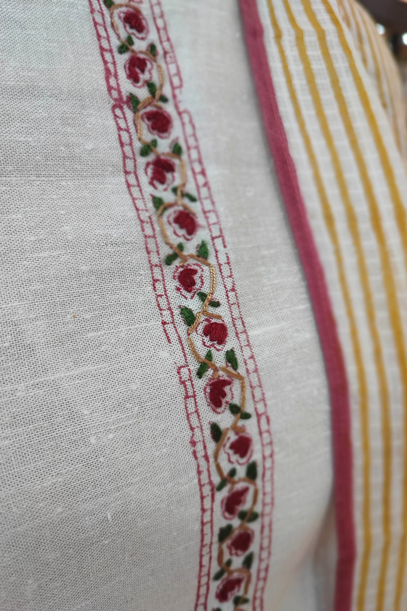 Off White Handloom Cotton Kurta Pant Dupatta Set with Mustard Striped Dupatta