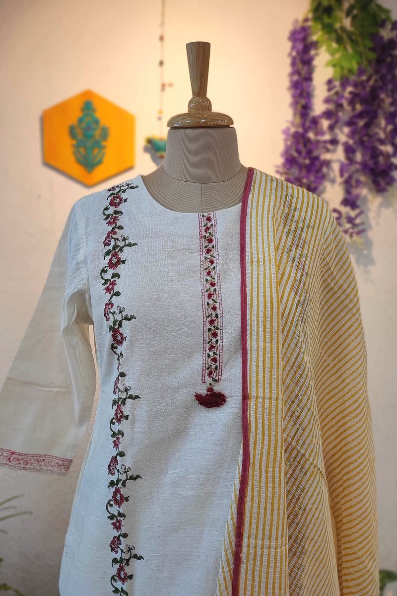 Off White Handloom Cotton Kurta Pant Dupatta Set with Mustard Striped Dupatta
