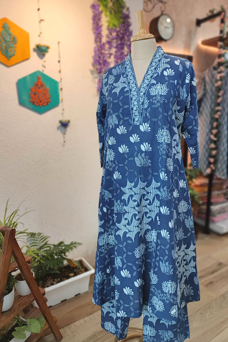 Indigo Blue Fine Cotton Kurta Pant Set – Ethnic Print