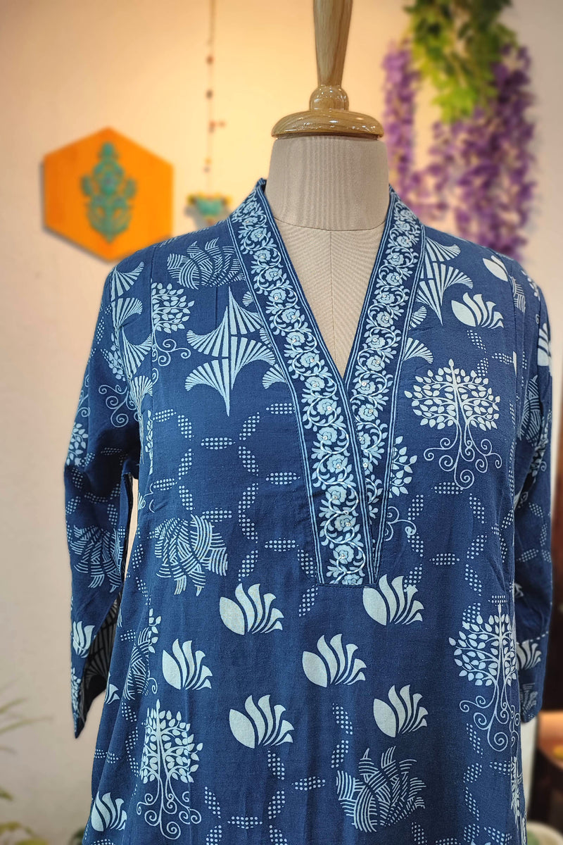 Indigo Blue Fine Cotton Kurta Pant Set – Ethnic Print