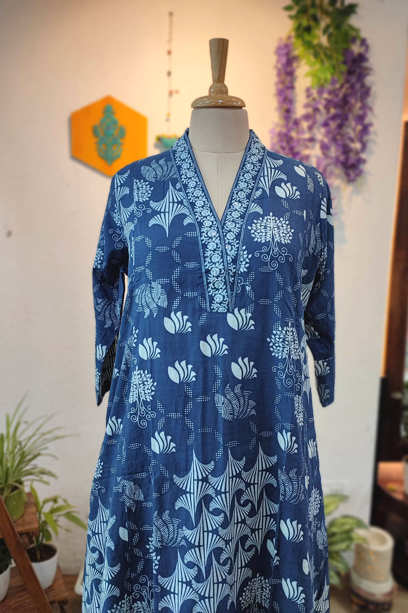 Indigo Blue Fine Cotton Kurta Pant Set – Ethnic Print