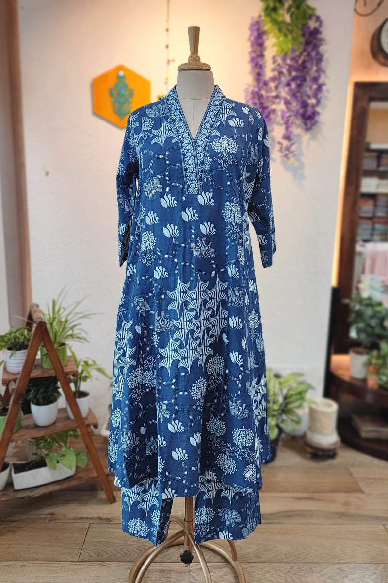 Indigo Blue Fine Cotton Kurta Pant Set – Ethnic Print