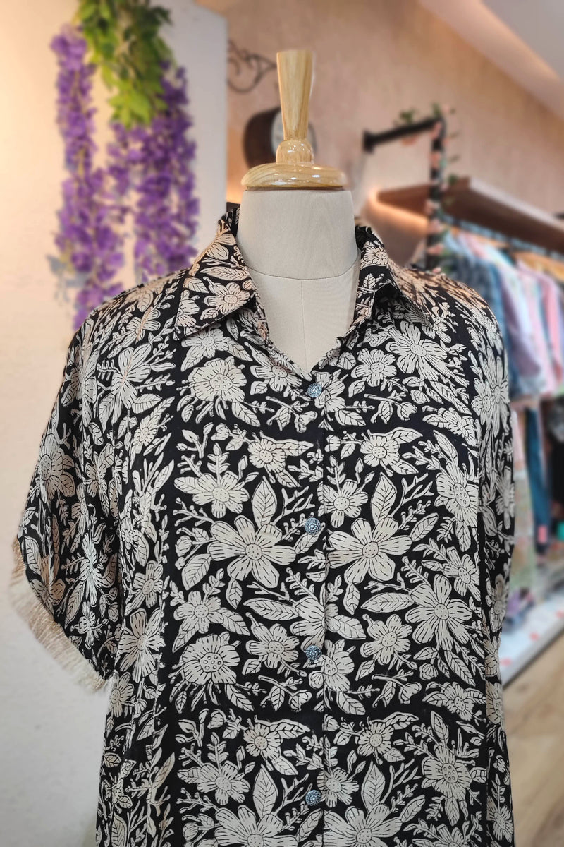 Black Modal Kurta with Cotton Pant Set – Floral Print